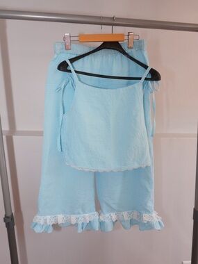 Handmade Two-Piece PJ Set 🩵 Light Blue Ruffled Gingham